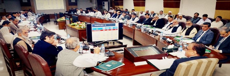 Caretaker Chief Minister of Khyber Pakhtunkhwa Justice Retd. Dost Muhammad Khan presiding over meeting regarding authorization of 4 months expenditure 2018