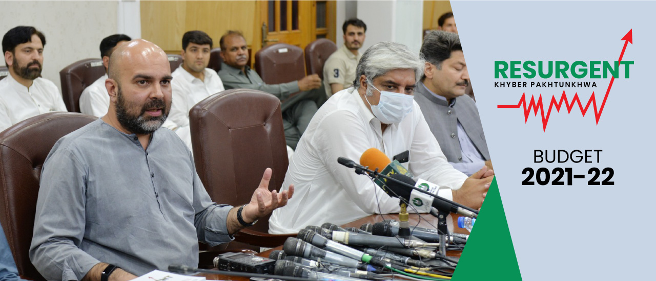 Provincial Minister for Finance Taimur Saleem Khan Jhagra addressing the Post Budget 2021-22 Press Conference